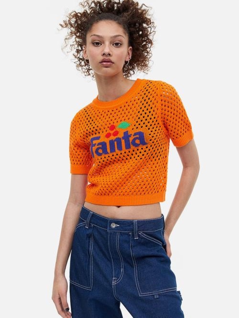 Motif-front hole-knit top - orange/fanta